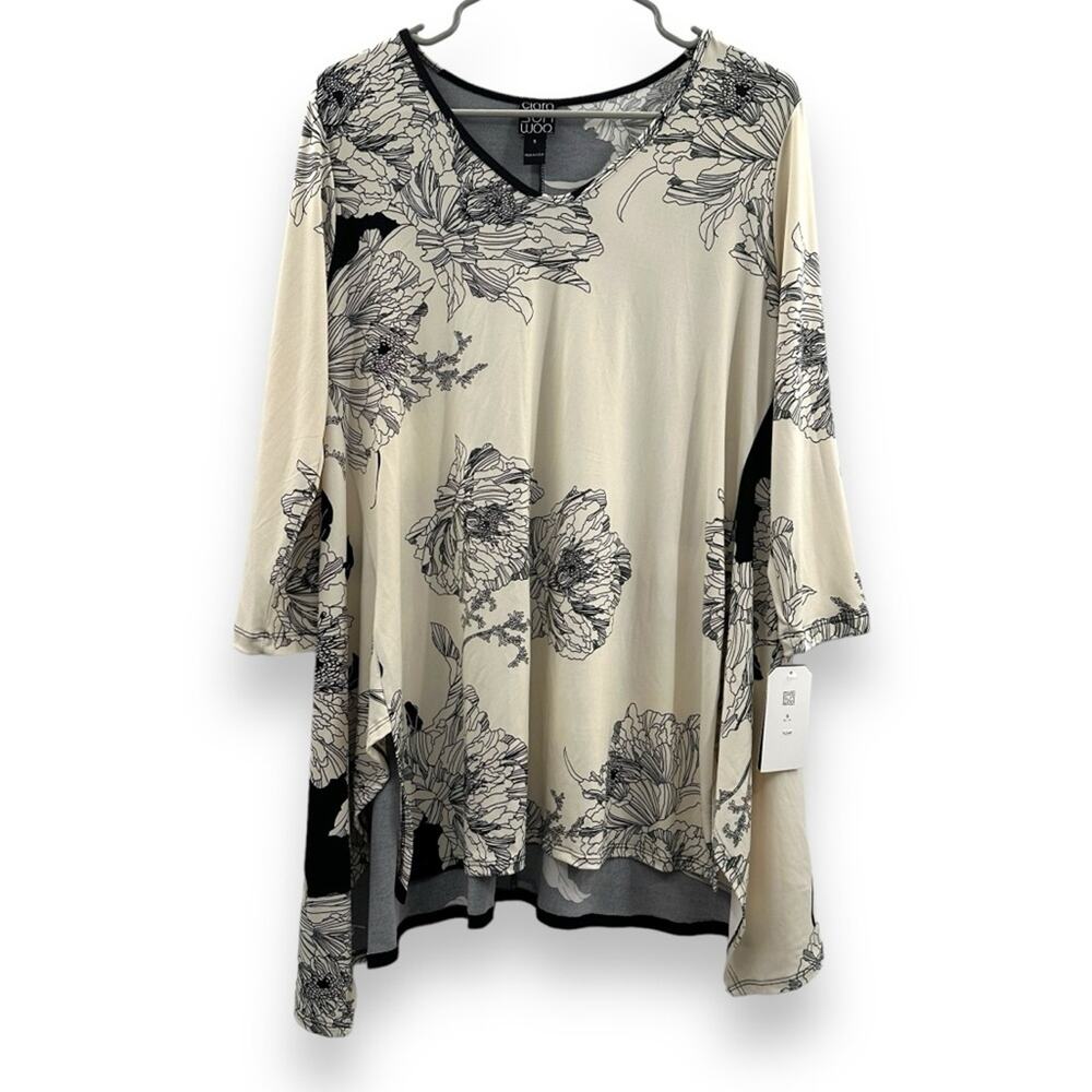 Clara Sun Woo Cream & Black Floral Print Stretch 3/4 Sleeve Tunic Top Sz‎ S NEW